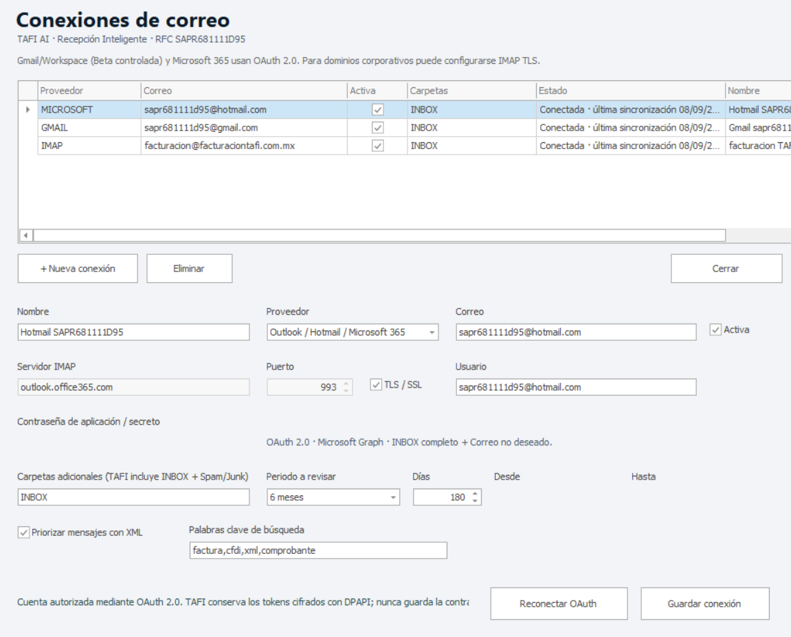 Conectores de correo de TAFI 5 para Microsoft, Gmail e IMAP