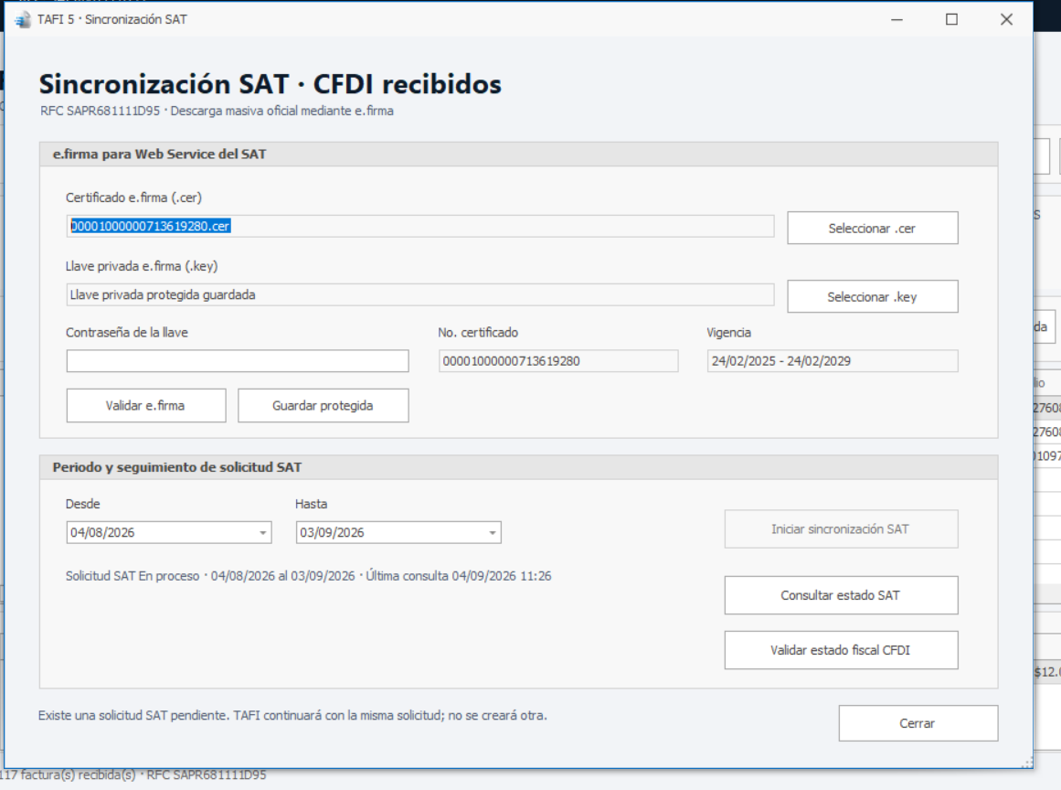Sincronización SAT de CFDI recibidos en TAFI 5